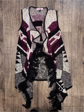 Womens Open-Front Aztec Fringe Sweater Vest - Burgundy/Black/Cream